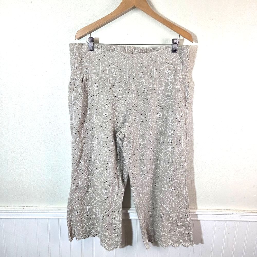 Sundance Womens Petite Large Linen Blend Eyelet Embroidered Crop Pants Boho